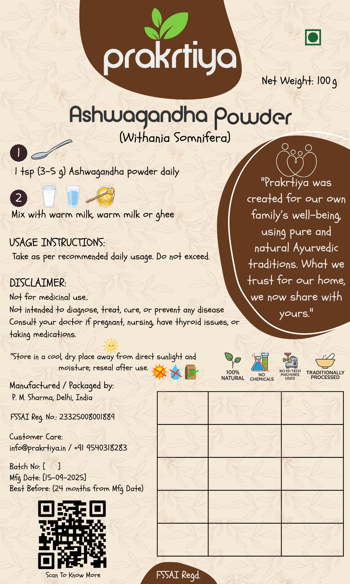 Prakrtiya Ashwagandha Powder (Withania Somnifera) - 100g | Pure Herb